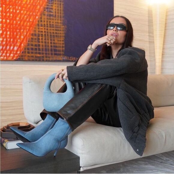 ZARA Denim Blue Pointy Toe Heeled Ankle Booties NWT - Picture 1 of 12